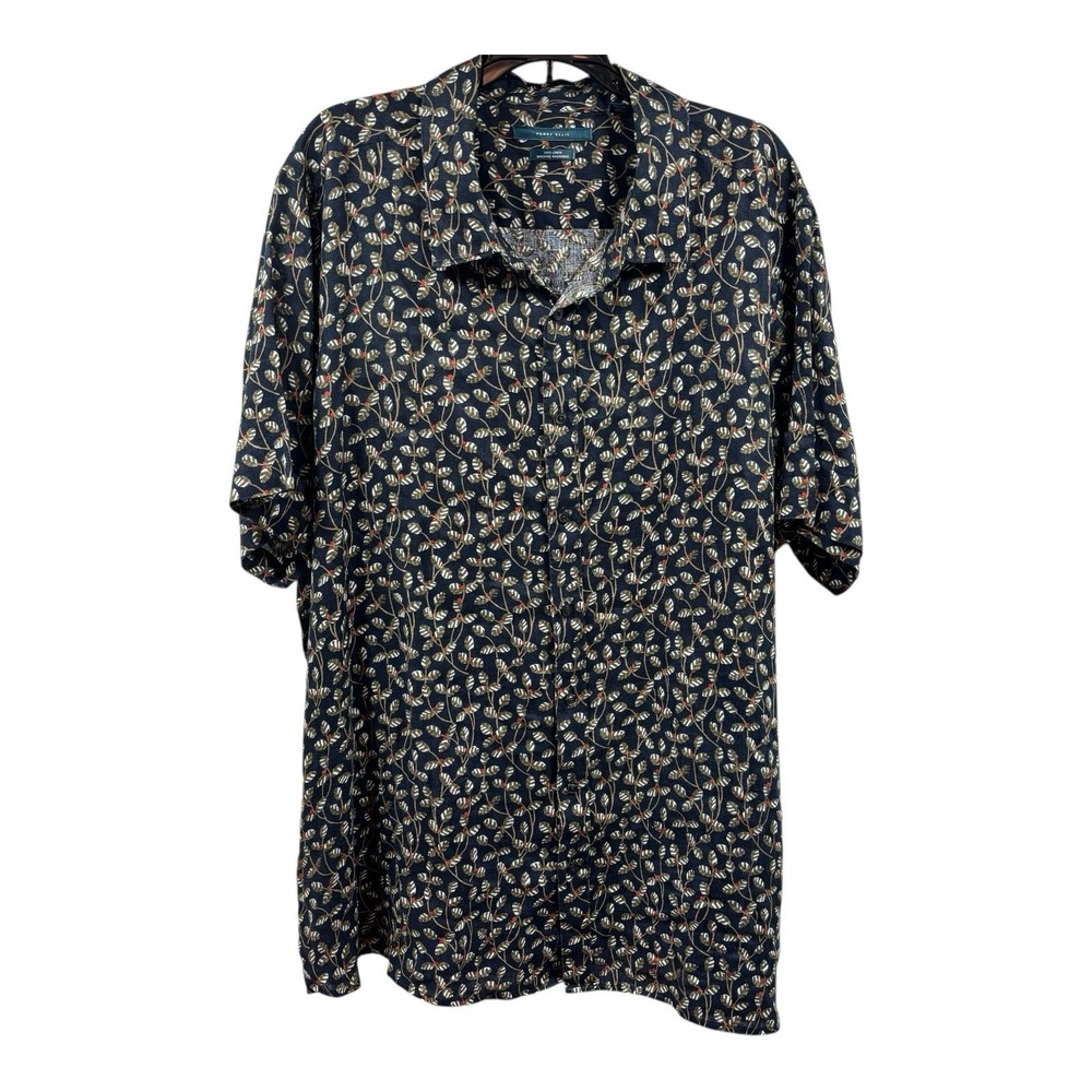 Perry Ellis Linen Short Sleeve‎ Shirt Men's 2X Navy Blue Button Up Leafy Vines